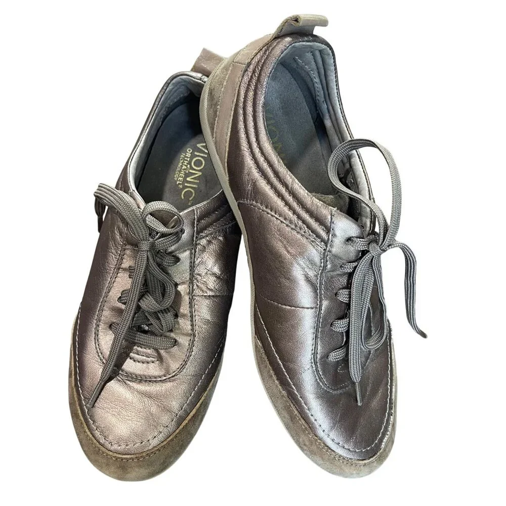 Vionic Willa Leather Sneakers Womens Size 6 Bronze Metallic Lace Up Comfort Shoe